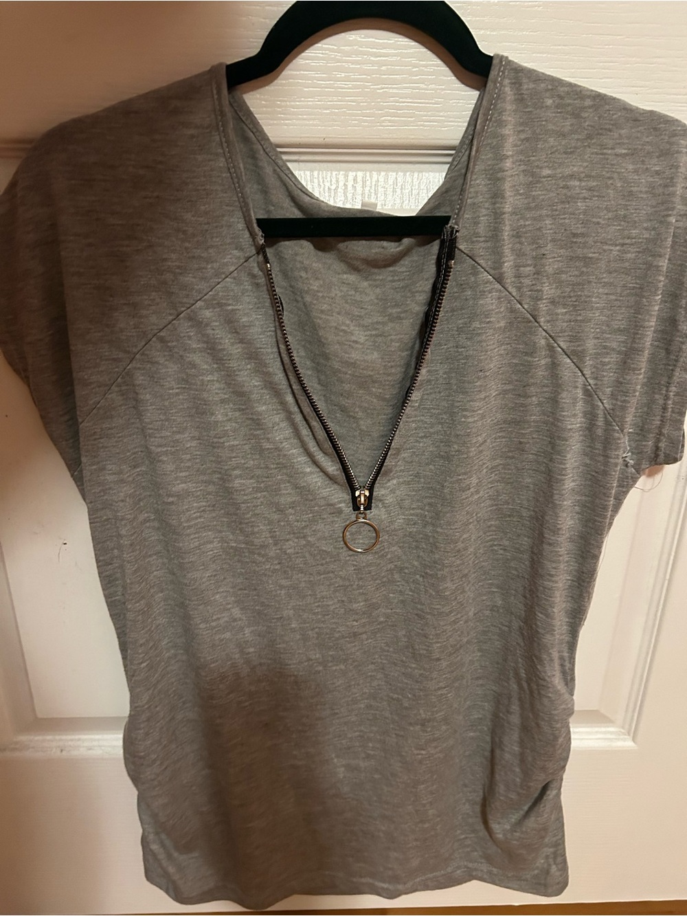 Women's Grey Short Sleeve Zip-Detail Top